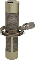 Gray cylindrical microphone with mesh grille mounted in a metal shockmount ring with handle and XLR connector on top.