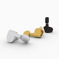 Three individual closed-gear tuners in silver, gold, and black colors displayed on a white background.