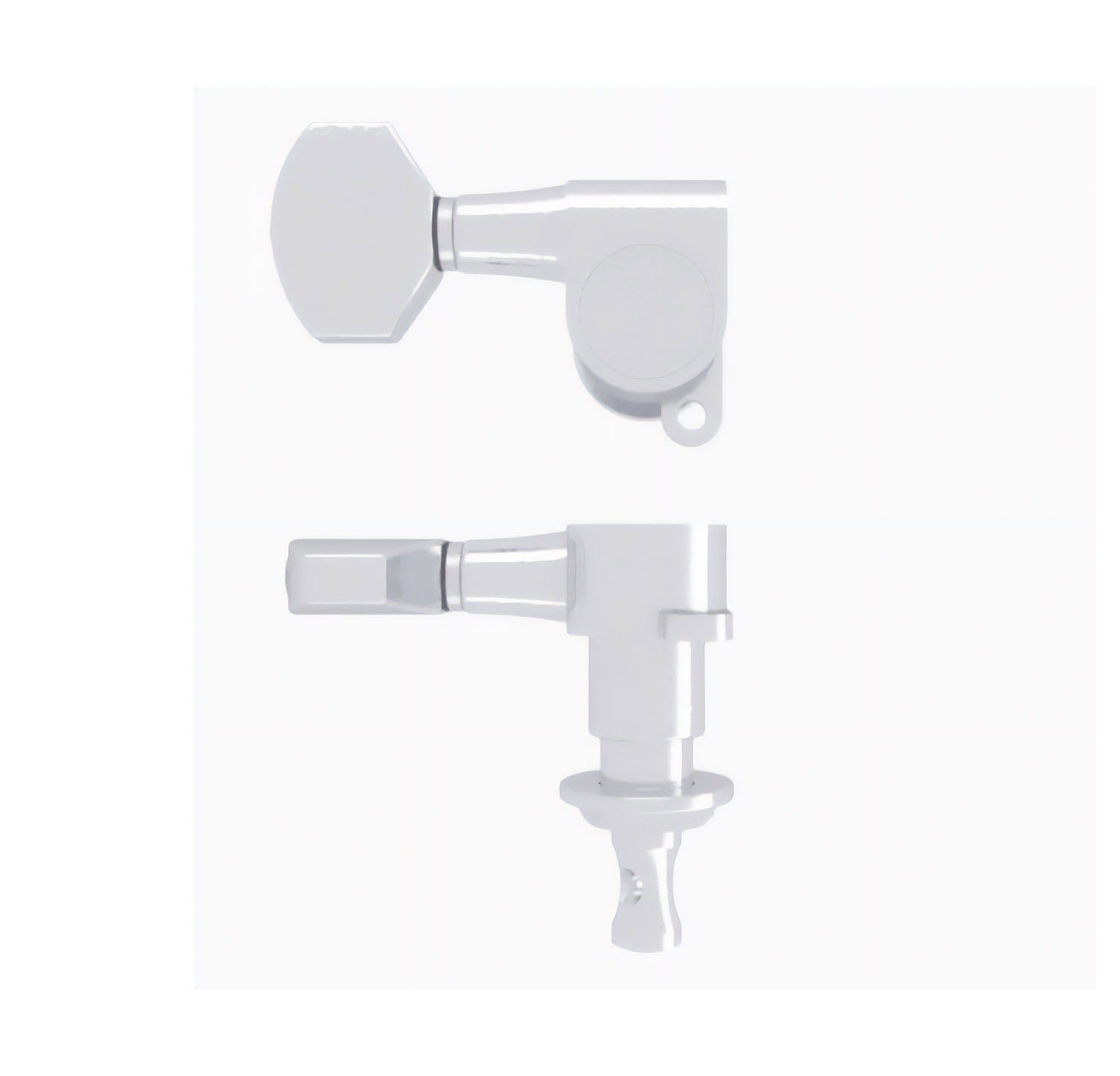Chrome-colored guitar machine head tuner for left-handed guitars shown from two angles.