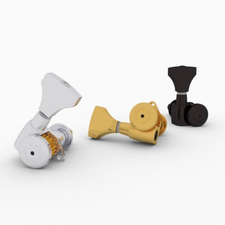 Three metal open-gear tuning pegs in silver, gold, and black arranged on a white background.