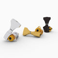 Three individual open-gear guitar tuners in white, gold, and black colors with visible branding.