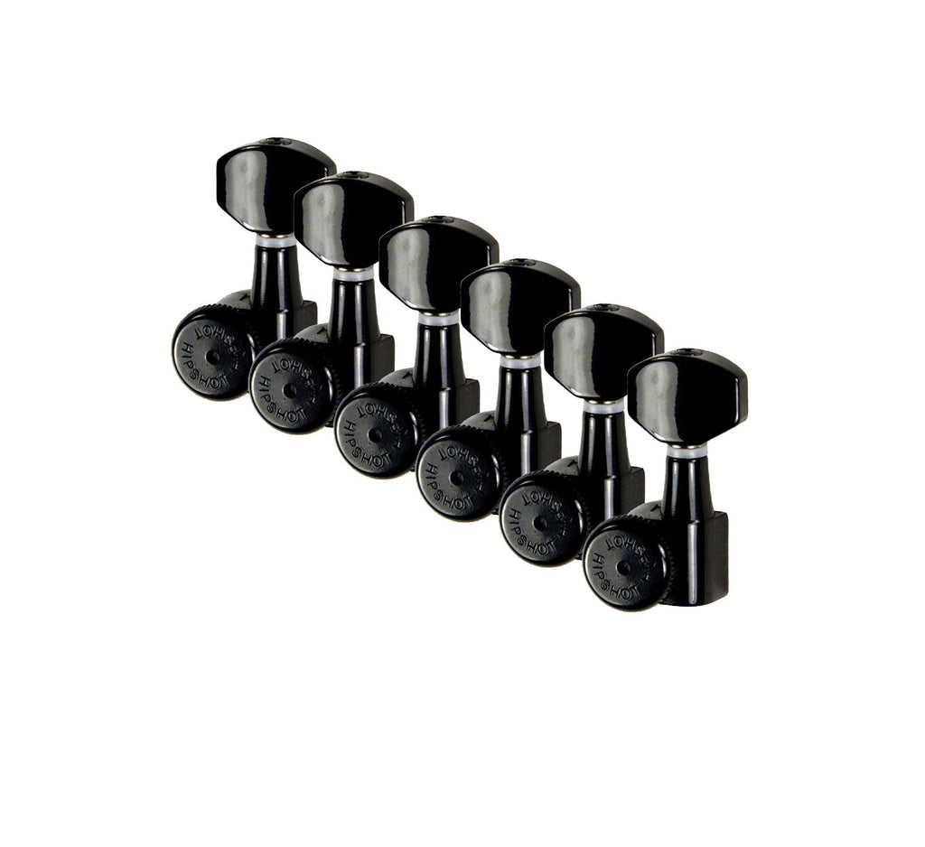 Set of six black inline guitar tuning pegs with closed grip-lock design shown on white background.