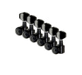 Set of six black inline guitar tuning pegs with closed grip-lock design shown on white background.