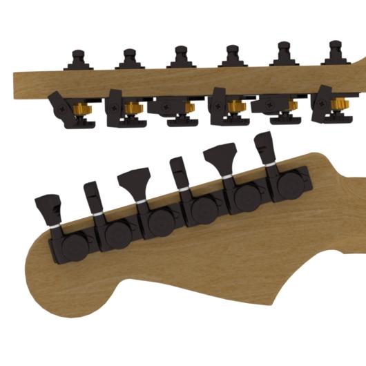 Hipshot 6K1GL0B-STAG Black Staggered Open Grip-Lock Guitar Machine Heads Set of 6 Inline