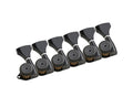 Set of six black guitar machine heads arranged inline with HIPSHOT branding on tuning gears.