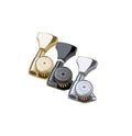 Three individual Hipshot guitar machine heads in gold, black, and silver finishes shown on white background.
