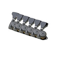Set of six black Hipshot branded guitar machine heads aligned in a row on a white background