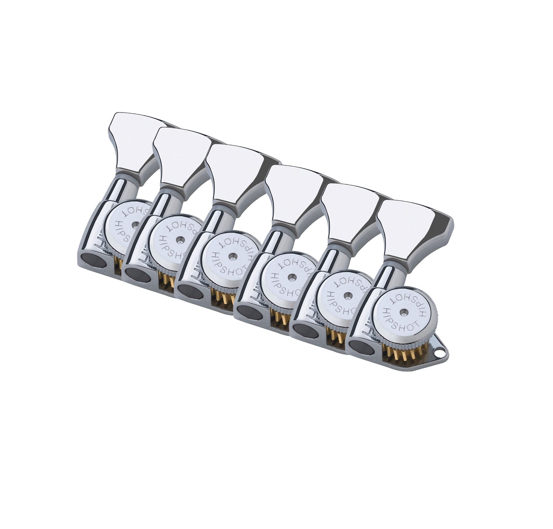 Chrome set of six staggered inline guitar machine heads with visible gear mechanisms and Hipshot branding.