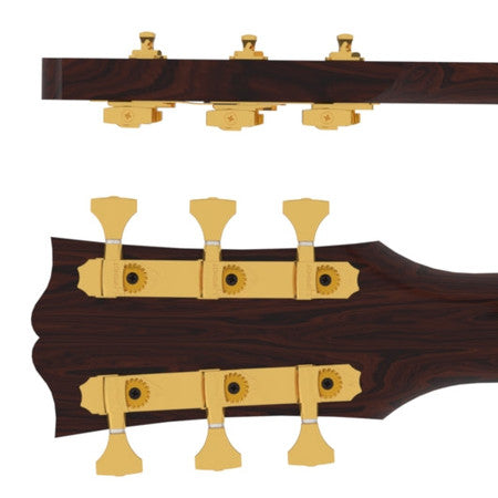 Six gold open gear tuning pegs mounted on a dark brown guitar headstock, arranged in 3+3 configuration.