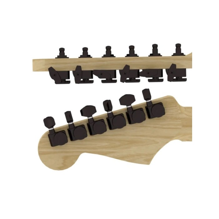 Two views of a natural wood guitar headstock with six black tuning pegs installed.