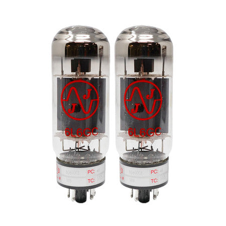 Pair of two JJ 6L6GC vacuum tubes with visible pins and branding in red on glass.