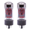 Pair of two clear glass vacuum tubes with black bases and red JJ logo and 6V6S labeling