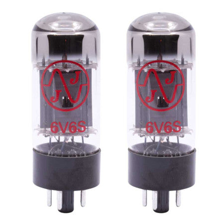 Pair of two clear glass vacuum tubes with black bases and red JJ logo and 6V6S labeling