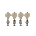 Four white ukulele tuning pegs with silver metal shafts arranged in a row on a white background.