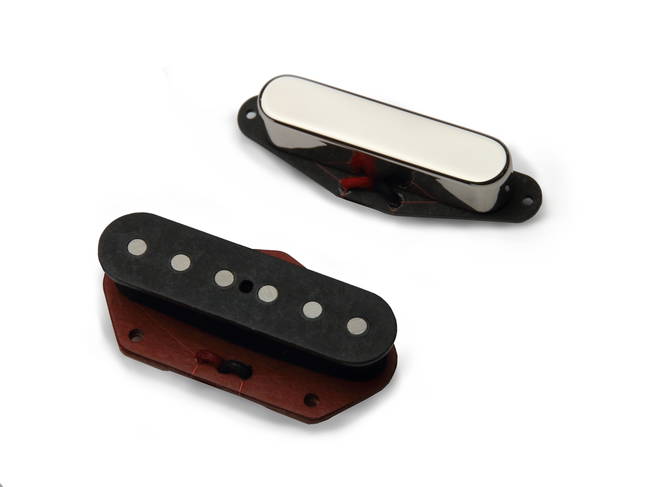 Two electric guitar pickups shown on a white background, one with a chrome cover and one with visible pole pieces.