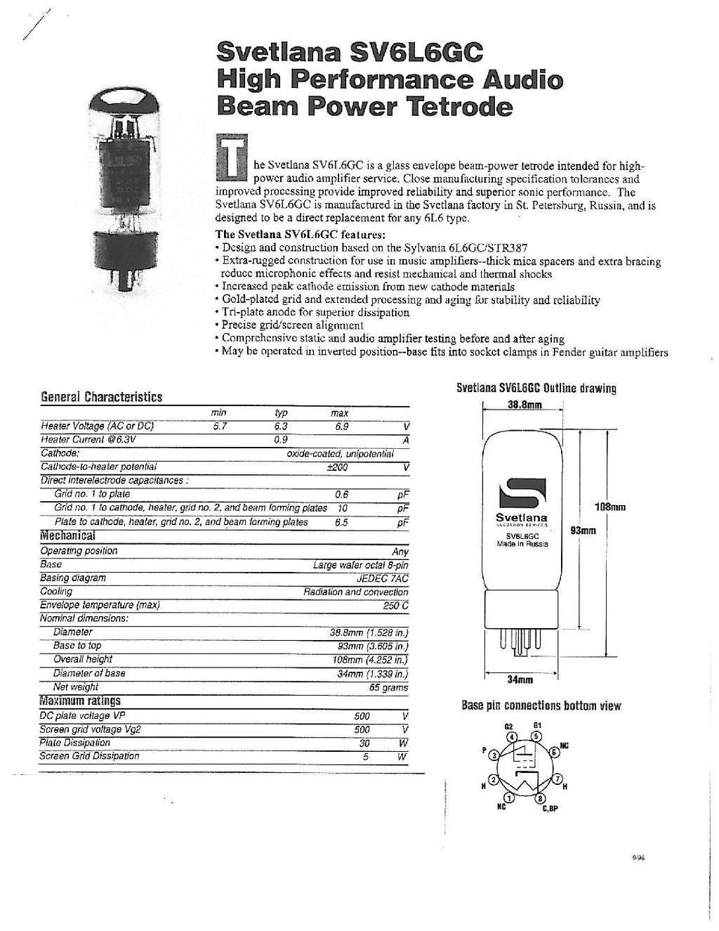 Svetlana 6L6GC Poweramp Vacuum Tube