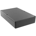 Black rectangular metal enclosure box with a hinged lid and rounded corners.