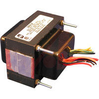 Black power transformer with multiple colored wire leads and metal mounting pins visible.