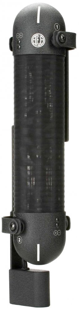 Black cylindrical microphone with the AEA logo and labeled parts on each end.