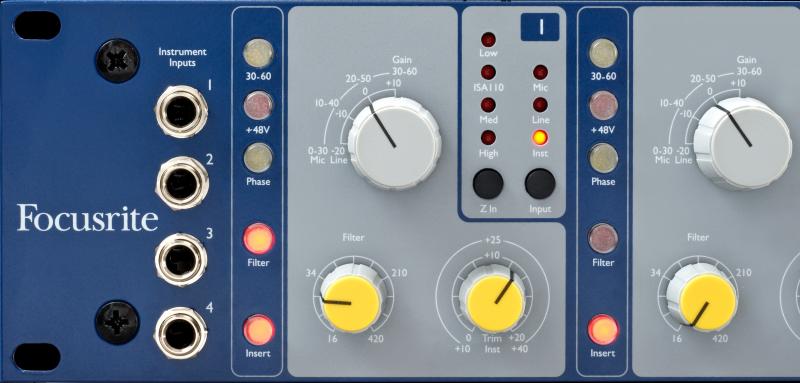 Front panel of a Focusrite ISA 110 audio device with instrument inputs and control knobs.