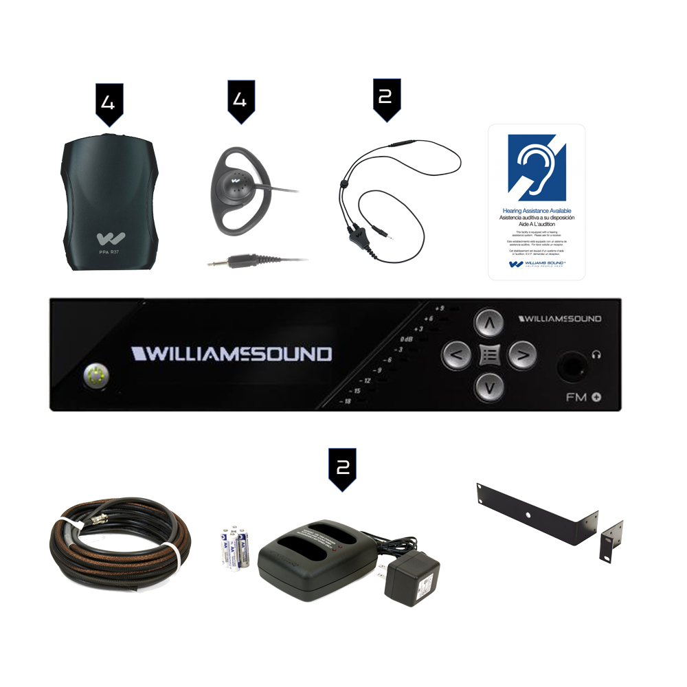 FM 557 PRO Assistive Listening System (4 Receivers) with Rack Panel Kit and Cable