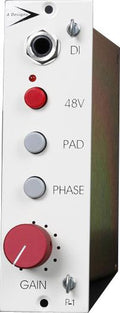White audio module with a 1/4 inch jack, switches, buttons, and a red rotary gain knob labeled P-1.