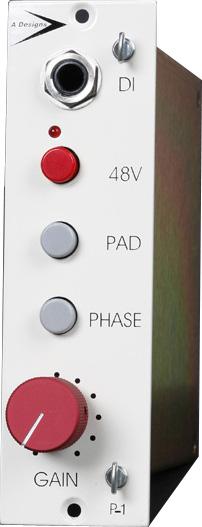 White audio module with a 1/4 inch jack, switches, buttons, and a red rotary gain knob labeled P-1.