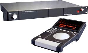 Three Bricasti M7M rack-mount reverb processor units with black front panels and displays, photographed from a front angle.