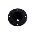 Black round plastic jack socket plate with five mounting holes, viewed from the front.