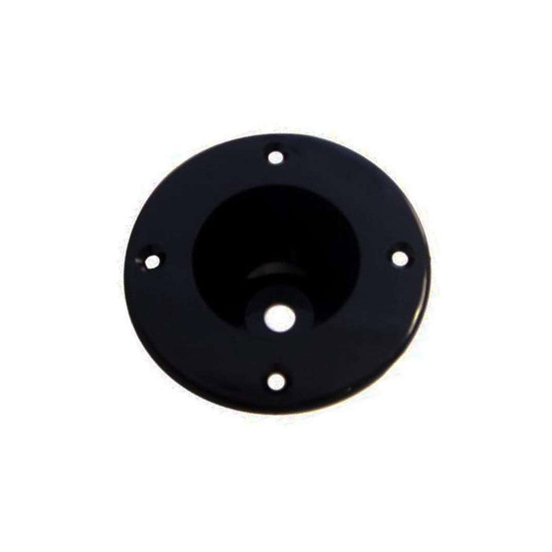 Black round plastic jack socket plate with five mounting holes, viewed from the front.