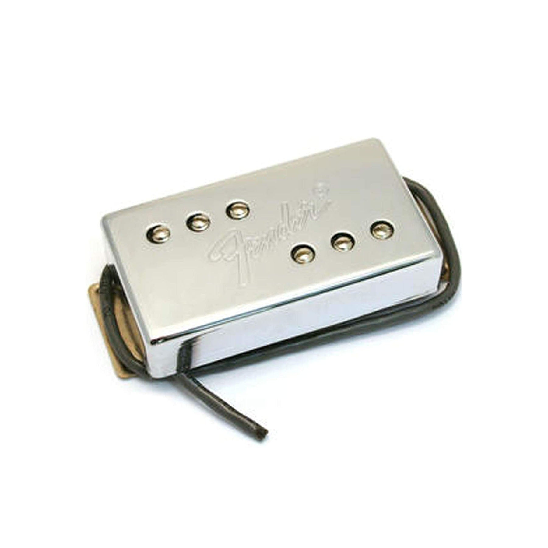 Silver Fender guitar pickup with six pole pieces and attached black wires on a white background.