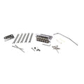 Silver metal Stratocaster-style tremolo bridge assembly with springs, screws, arm, and plastic tips on white background.