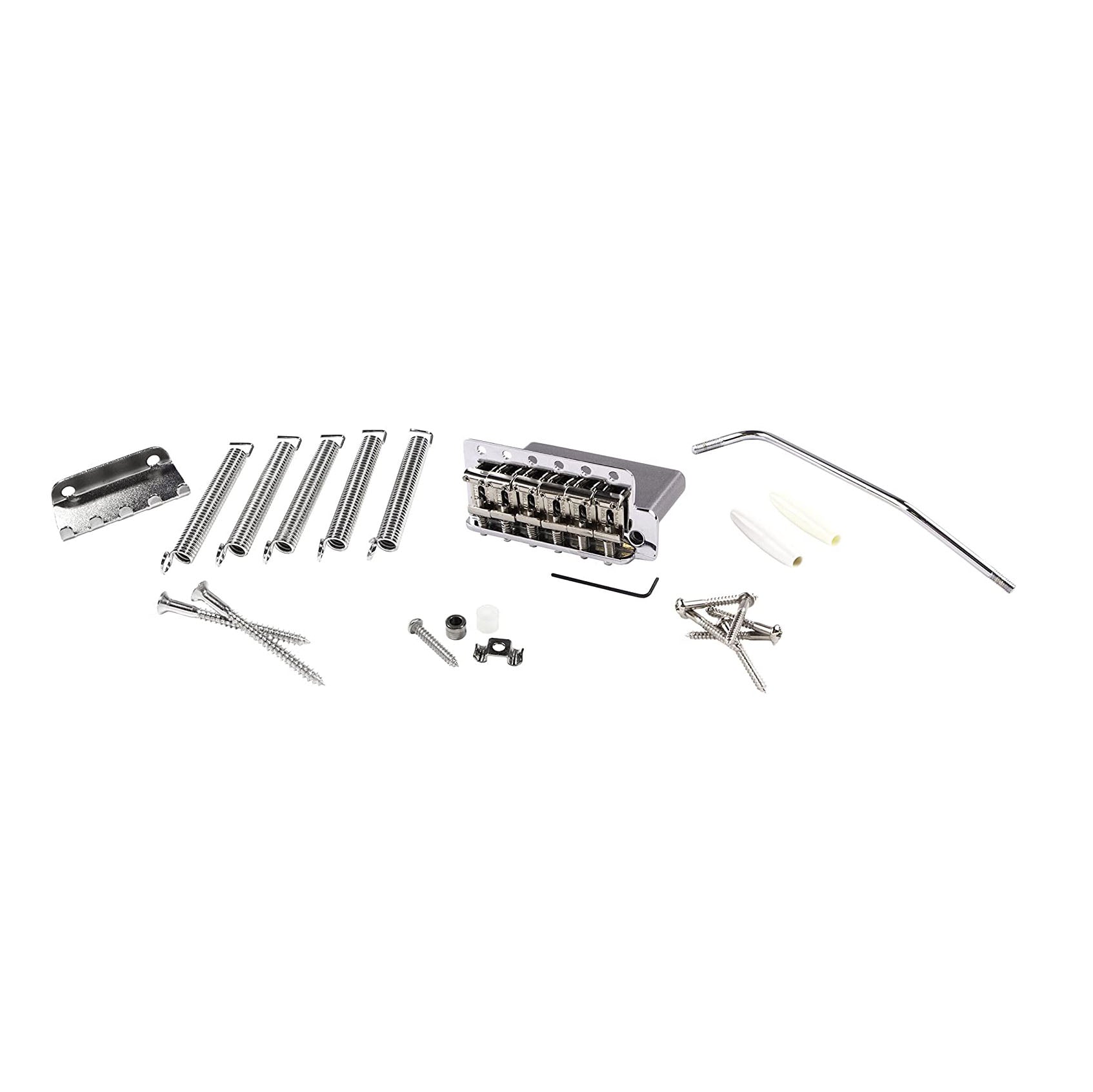 Silver metal Stratocaster-style tremolo bridge assembly with springs, screws, arm, and plastic tips on white background.