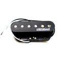 Black guitar pickup with six pole pieces and attached black and white wires on a white background.