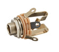 Metal female audio jack with mounting nut and three solder lugs on a white background.