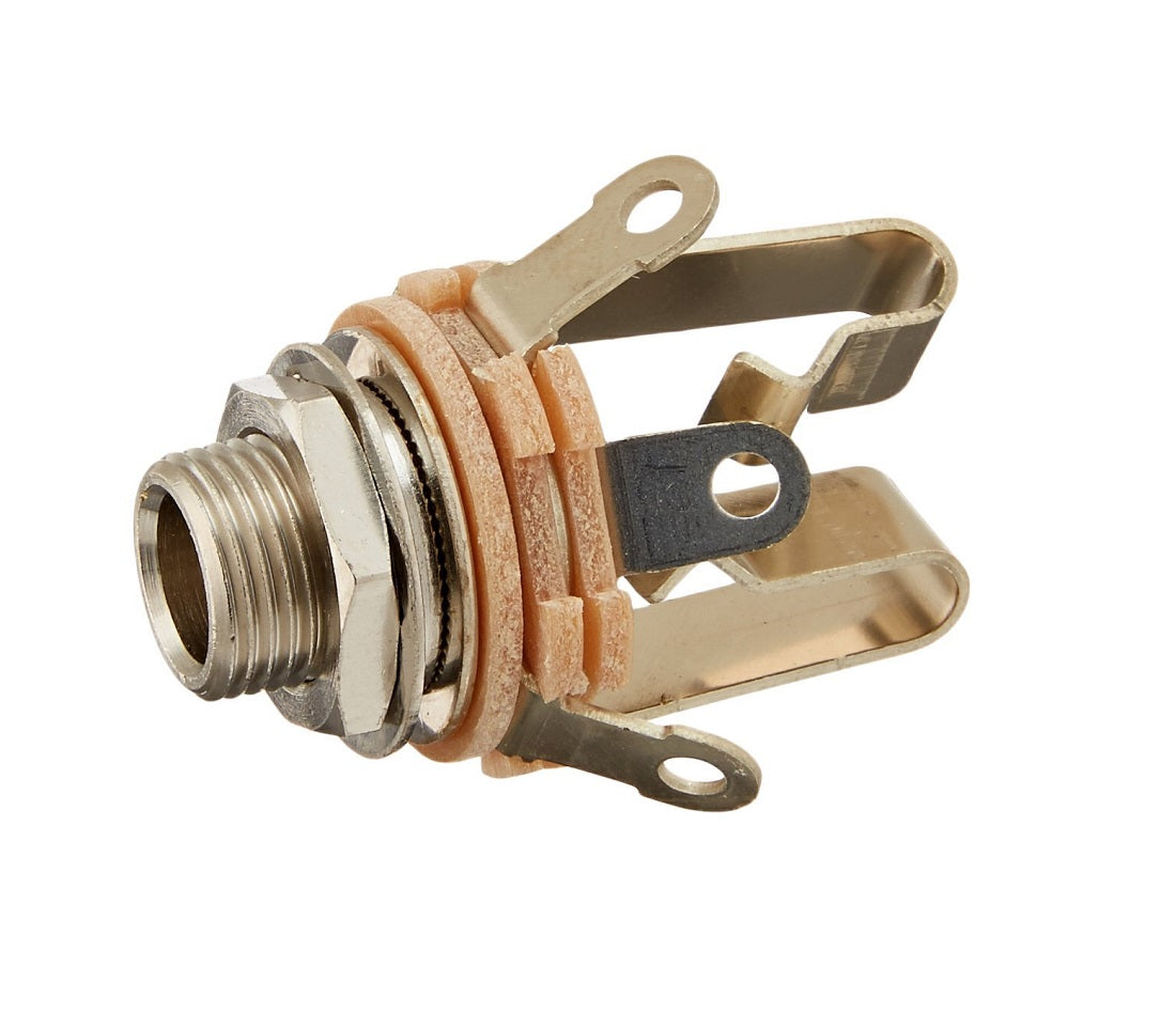Metal female audio jack with mounting nut and three solder lugs on a white background.
