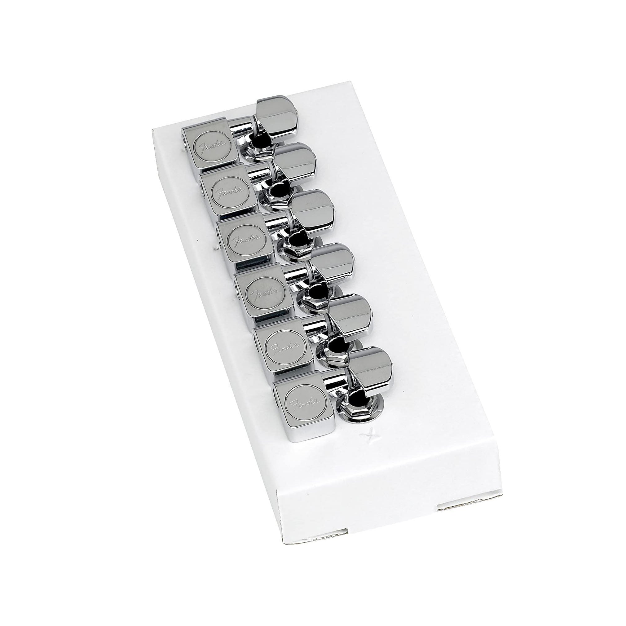 Set of six chrome guitar tuning machines with Fender branding on a white cardboard backing.