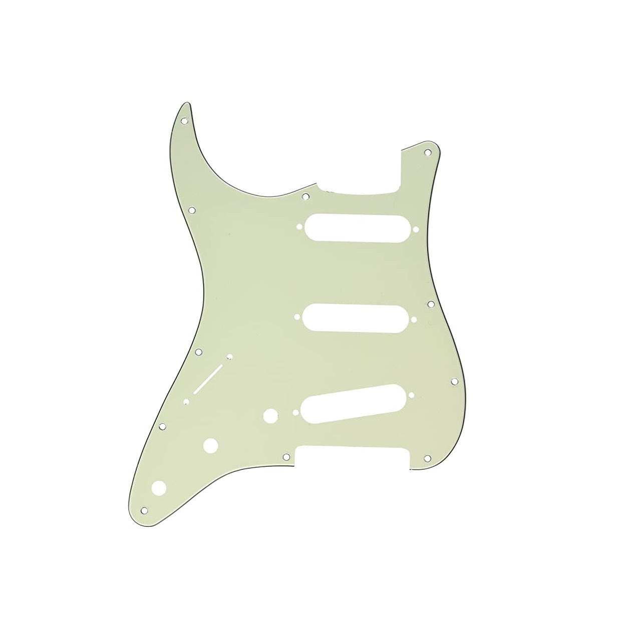 Mint green guitar pickguard with multiple cutouts for pickups and controls, shaped for a Stratocaster-style guitar.