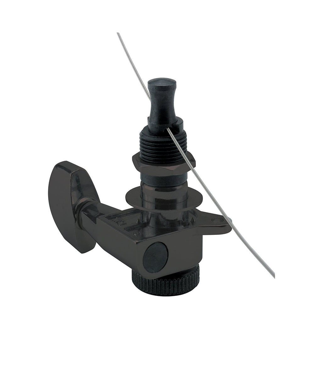 Black guitar tuning machine with one string partially wound around the post shown on a white background.