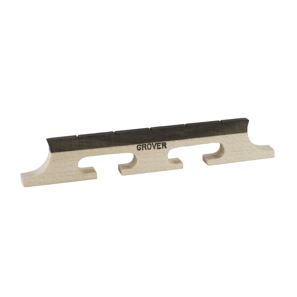 Wooden banjo bridge with dark top and GROVER brand text printed on the front.