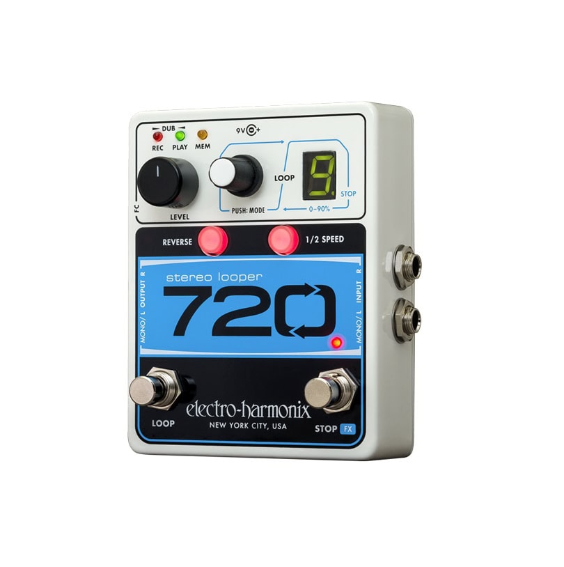 Electro-Harmonix 720 stereo looper pedal with knobs, buttons, LED display, and input/output jacks visible.