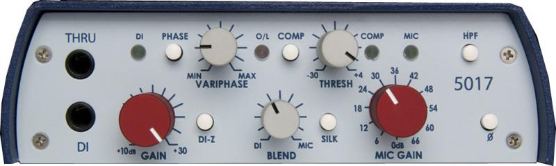 Front panel of audio device with knobs, buttons, and two 1/4 inch jacks labeled THRU and DI.