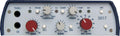 Front panel of audio device with knobs, buttons, and two 1/4 inch jacks labeled THRU and DI.