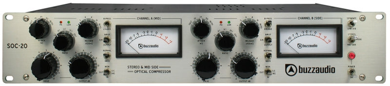 Front panel of a Buzz Audio stereo and mid side optical compressor with knobs, meters, and buttons