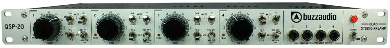 Front panel of a Buzz Audio QSP-20 quad studio preamp with knobs, toggle switches, buttons, and audio inputs.
