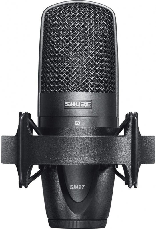 Black Shure SM27 microphone with metal mesh grille and shock mount.