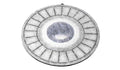 Close-up top view of a circular headphone driver diaphragm with metal and fabric components.