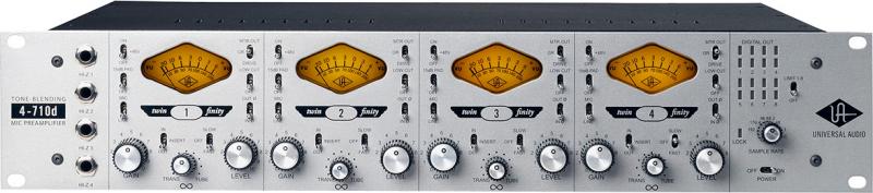 Front panel of a Universal Audio 4-710d microphone preamplifier with four channel controls and digital out section.