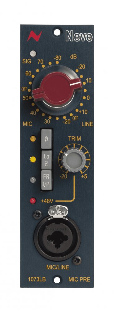 Front panel of a Neve 1073LB preamp/DI module with rotary knobs, buttons, and a combo mic/line input connector.