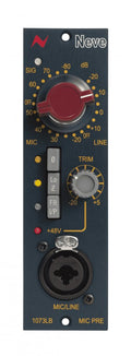 Front panel of a Neve 1073LB preamp/DI module with rotary knobs, buttons, and a combo mic/line input connector.